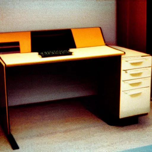 Image similar to flash photo of 1980s computer desk, cinestill, 800t, 35mm, full-HD