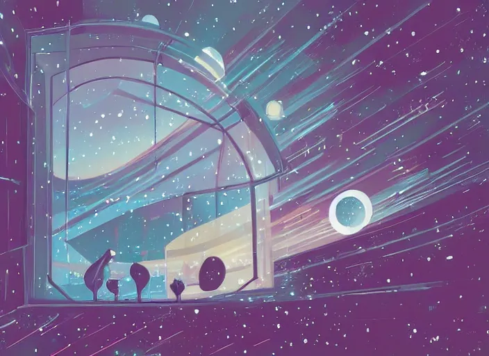 Prompt: seen through a window, galaxy, courful illustration, by petros afshar