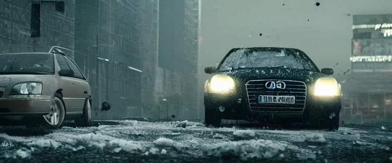 Prompt: Audi A4 B6 Avant (2002), a gritty neo-noir, dramatic lighting, cinematic, eerie person, death, homicide, homicide in the snow, viscera splattered, gunshots, establishing shot, extremely high detail, photorealistic, arson, burning city, cinematic lighting, artstation, by simon stalenhag, Max Payne (PC) (2001) winter New York at night, In the style of Max Payne 1 graphic novel, flashing lights, Poets of the Fall - Late Goodbye