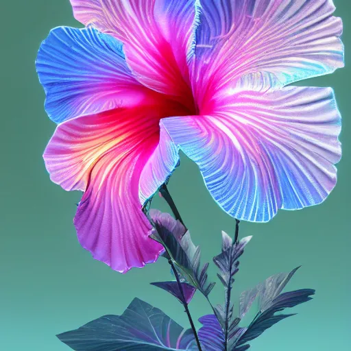 Prompt: an iridescent hibiscus by beeple and yusuke murata and makoto shinkai, 8 k, 3 d high resolution render, cinematic, unreal engine, featured on artstation, epic scale, volumetric lighting, ultra wide angle, intricate details, crystal, rainbow colors