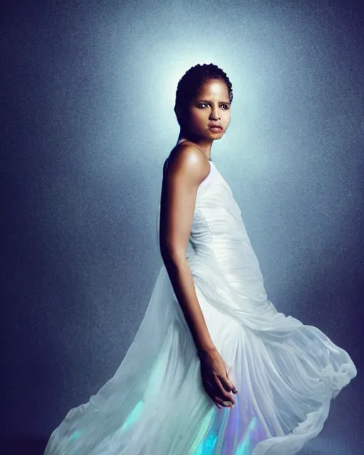 Image similar to annie leibovitz style photoshoot editorial of gugu mbatha - raw as sue storm, the invisible woman from the fantastic four, she is wearing a beautiful iridescent shimmering, glowing jellyfish like wedding dress made from her force field powers, hyperreal, magical, translucent, iridescent, studio lighting, soft focus, bokeh, 5 0 mm