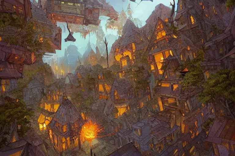 Image similar to one point perspective fantasy triangular orb village street view by artgerm and Craig Mullins, James Jean, Andrey Ryabovichev, Mark Simonetti and Peter Morbacher 16k