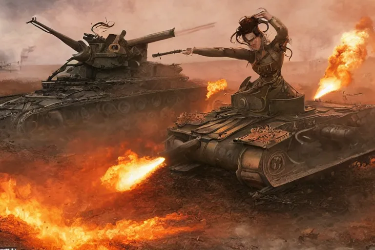 Image similar to an epic view of a cyborg woman tipping over a wwi tank, on a battlefield, smoke, fires, distant explosions, in the style of masamune shirow, cinematic, hyper - realistic, highly detailed digital art