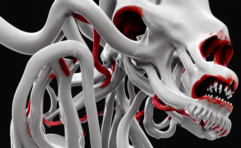 Prompt: anatomical deep red arteries veins flesh stylized shiny polished silver statue full body bizarre extra limbs cosmic horror quadruped animal cow bovine skull four legs made of creature tendrils perfect symmetrical body perfect symmetrical face hyper realistic hyper detailed by johannen voss by michelangelo octane render blender 8 k displayed in pure white studio room