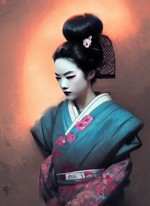 Image similar to female geisha girl, beautiful face, neon, rule of thirds, intricate outfit, spotlight, by greg rutkowski, by jeremy mann, digital painting