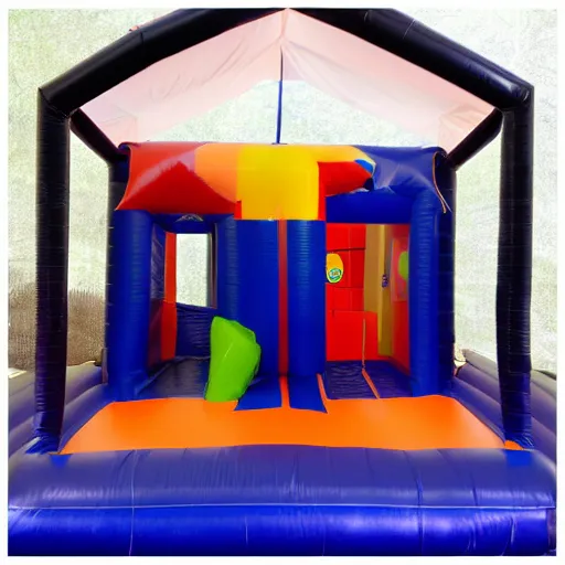 Image similar to a darkly lit indoor children's bounce house photo taken with a deposable camera limital space