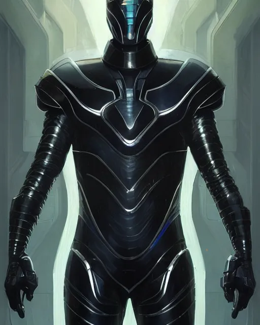 Image similar to iridescent wiry smooth muscular male sleek glossy black pearlescent scifi armor with smooth black featureless helmet, by greg rutkowski and mark brookes and jim burns and tom bagshaw and magali villeneuve, trending on artstation