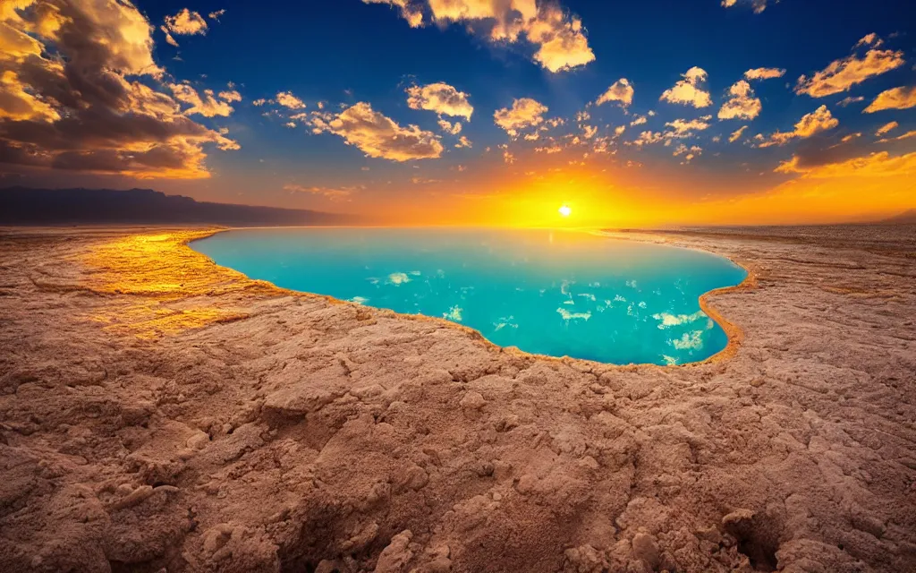 Prompt: the dead sea, beautiful sunset with colorful clouds, rays of sunshine, professional photo
