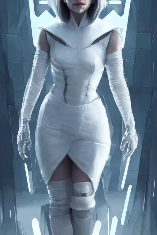 Image similar to Emilia Clarke wearing a White Cyberpunk outfit, anatomy, only two hands, highly detailed, digital painting, artstation, concept art, smooth, sharp focus, illustration, Unreal Engine 5, 8K, art by art by artgerm and greg rutkowski and edgar maxence