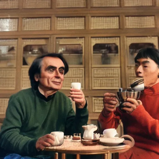 Image similar to carl sagan and alien drinking tea in a chinese tea house