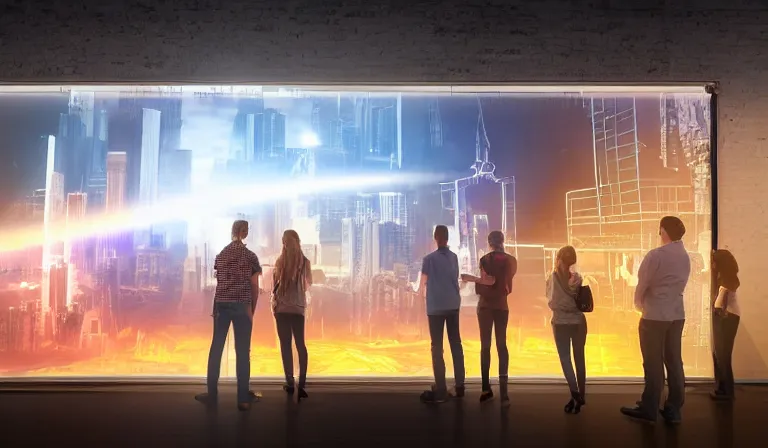 Image similar to group of people in simple warehouse, watching hologram of futuristic city on a table, cinematic concept art, godrays, golden hour, natural sunlight, 4 k, clear details, tabletop model buildings, center model buildings, hologram center, crane shot, crane shot, crane shot