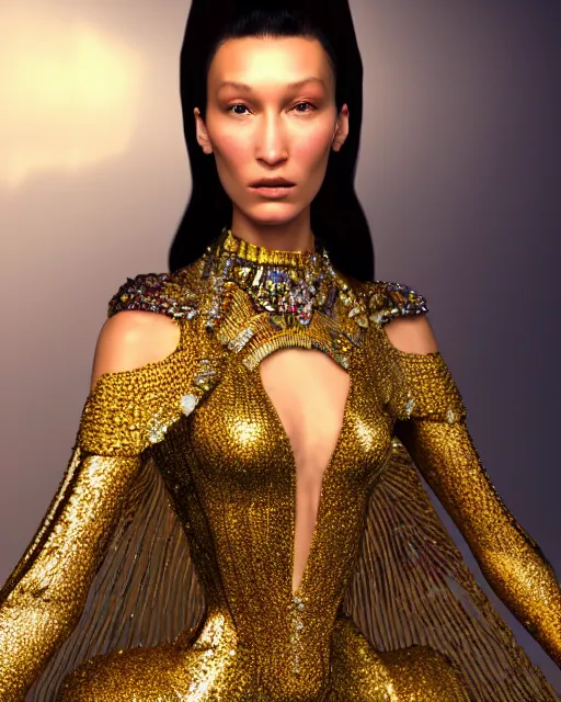 Image similar to a highly detailed metahuman 8 k close up render of bella hadid as surrealism renaissance in iris van herpen dress schiaparelli in diamonds crystals swarovski and jewelry iridescent in style of alphonse mucha gustav klimt trending on artstation made in unreal engine 4