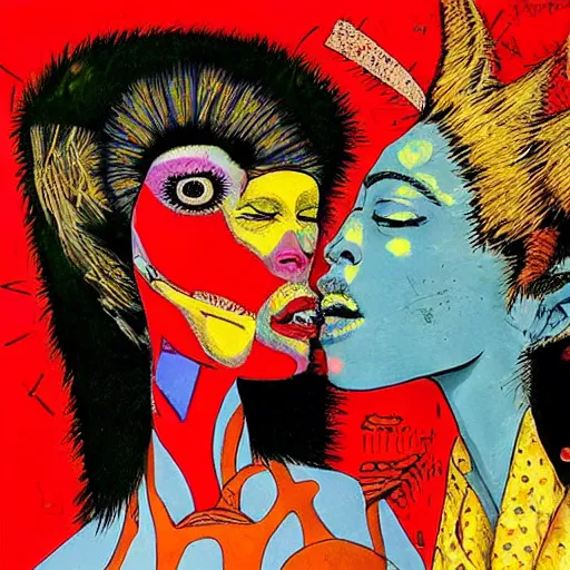 Prompt: beautiful painting of two bizarre psychedelic women kissing each other closeup in japan, speculative evolution, mixed media collage by basquiat and junji ito, magazine collage art, paper collage art, sapphic art, lesbian art