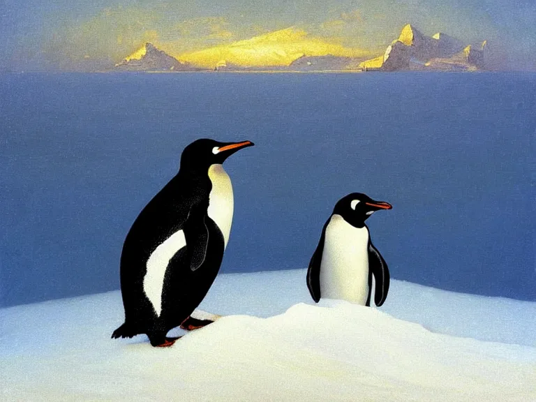 Image similar to an oil painting of a penguin playing in pure white snow on an iceberg in a serene ocean at dusk. aurora. by tuomas korpi moebius and carl spitzweg. baroque elements. intricate artwork by caravaggio. oil painting. oil on canvas. award winning. dramatic. trending on artstation. 8 k