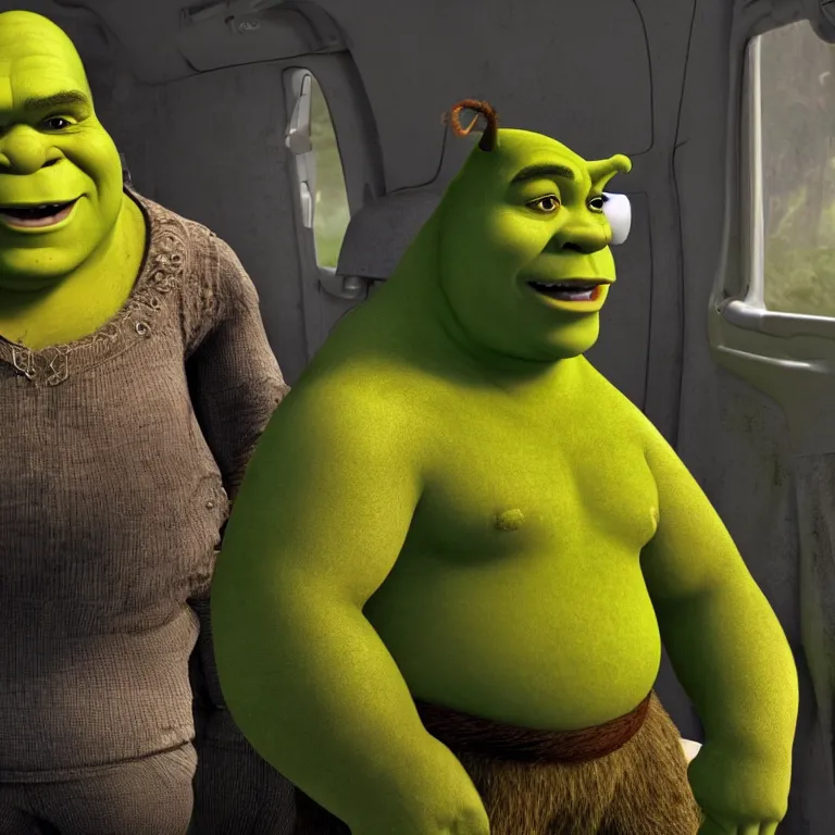 Image similar to Shrek living in a van with long hair , cinematic lighting, photorealistic image, 8k, ultra detailed, high resolution,