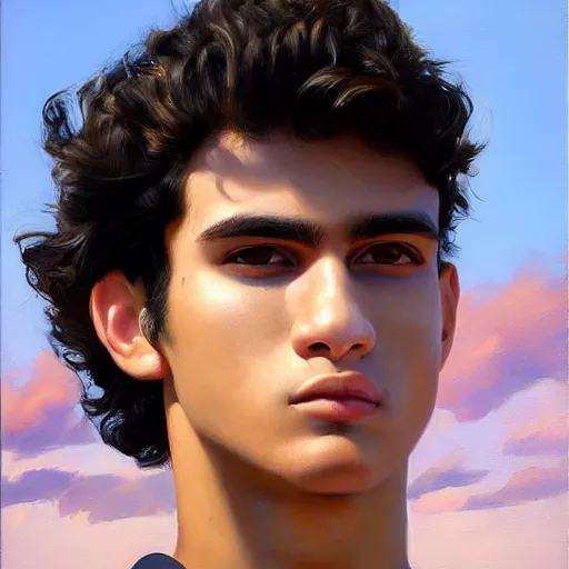 Prompt: oil painting by ilya kuvshinov, baugh casey, rhads, coby whitmore, of a youthful persian - indian college student, male, handsome, high cheekbones, large sensual mouth, curly black hair, outdoors, highly detailed, breathtaking face, studio photography, dawn, intense subsurface scattering, blush, supple look, innocence, intense sunlight