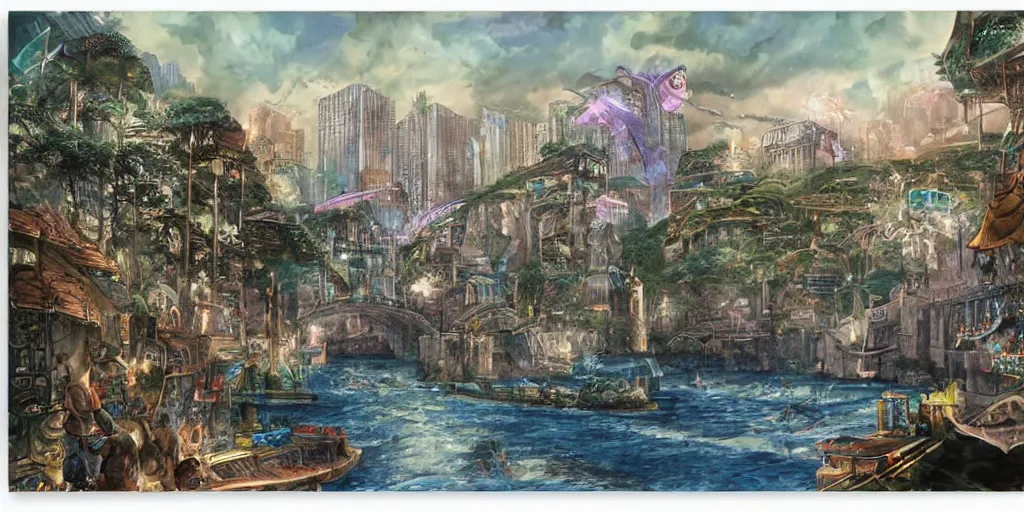 Prompt: magic city with with rivers and aqueducts as streets. various boats. mtg. magic the gathering by yeong hao han