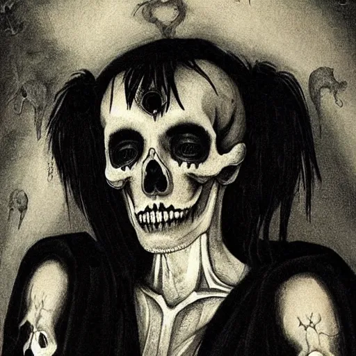 Prompt: scrawny teenage girl with short black hair and black irises. black and white skull facepaint. pointed face. black robes, corset of rib bones, bone ear piercings. femme-androgynous. surrounded by skeletons. skulls in hands, black white and light blue color scheme, baroque, by Michelangelo, high detail
