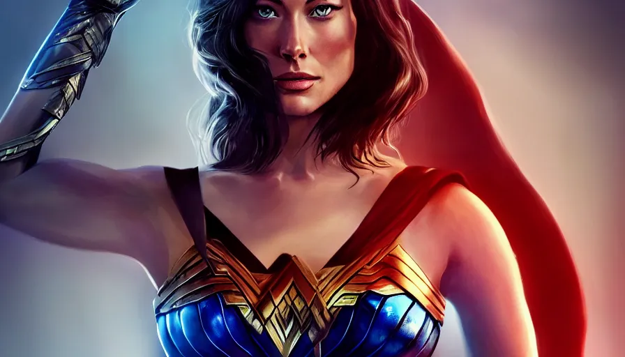 Image similar to Olivia Wilde is Wonder Woman, hyperdetailed, artstation, cgsociety, 8k