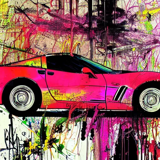 Prompt: pop art corvette car concept art by ralph steadman and bill sienkiewicz and carne griffiths