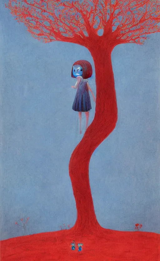 Image similar to girl with blue hair as a shaun tan painting the red tree illustration detailed painting