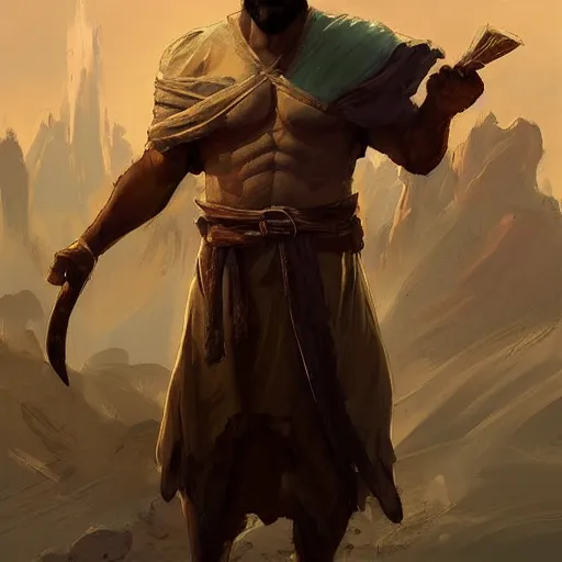 Image similar to A beautiful digital painting of a 30 year old man with middle eastern skin and Biblical clothing, by Stanley Artgerm Lau, frank frazetta, Rossdraws, James Jean, gerald brom, Andrei Riabovitchev, Marc Simonetti, and Sakimichan, trending on artstation, SFW version