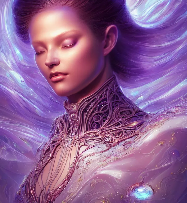 Image similar to iridescent close-up portrait of a beautiful princess in robe. biomechanical mask. bio luminescent biomechanical halo around head. artwork by jarold Sng by artgerm, by Eddie Mendoza, by Peter mohrbacher by tooth wu, unreal engine, octane render, cinematic light, high details, iridescent colors, dichroic, macro, 4l