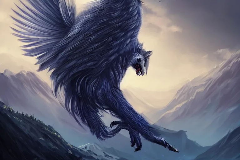 Image similar to Blue feathered wolf with wings on a beautiful fantasy landscape, hills, mountains, moonlit, HD, illustration, epic, D&D, fantasy, intricate, elegant, highly detailed, digital painting, artstation, concept art, smooth, sharp focus, illustration, art by XIAODI JIN