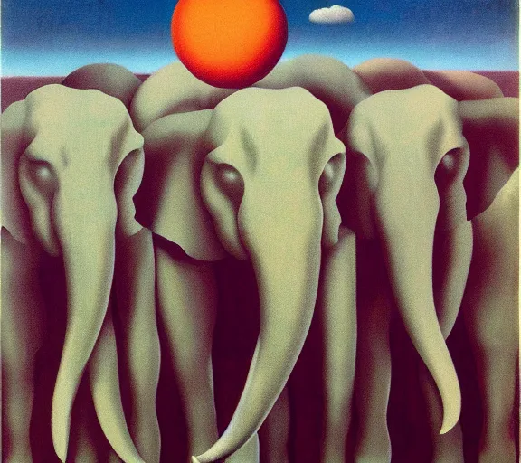 Prompt: infinite elephants as metaphor for containing multitudes by rene magritte, horror oil on canvas