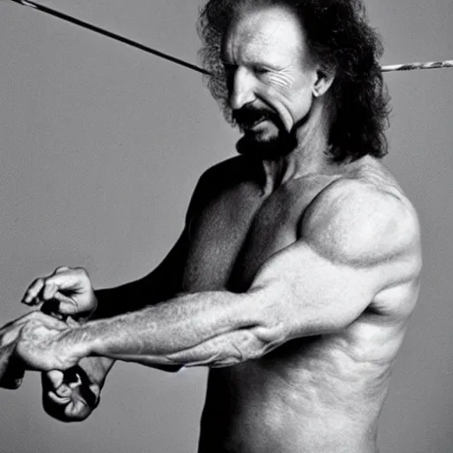 Prompt: Diamond Dallas Page knitting, candid photograph by Annie Leibovitz