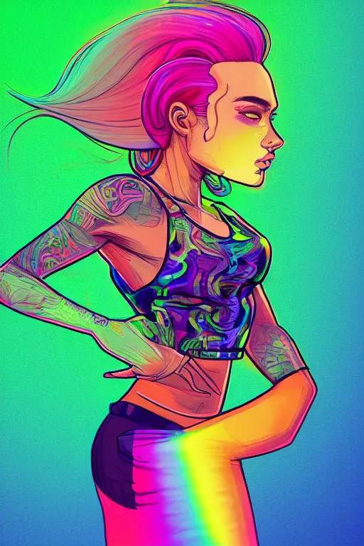 Prompt: a award winning half body portrait of a beautiful woman with stunning eyes in a croptop and cargo pants with rainbow colored ombre hairstyle head in motion and hair flying by josan gonzales, neon outlines, outrun, vaporware, shaded flat illustration, digital art, trending on artstation, highly detailed, fine detail, intricate