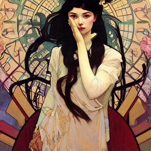 Image similar to egirl!!!!! aesthetic!!!! girl painting by tran nguyen ilya kuvshinov alphonse mucha and greg rutkowski