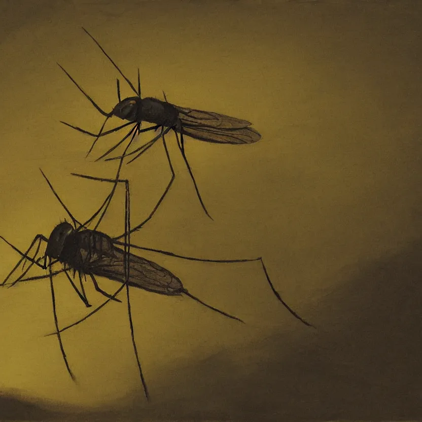Prompt: mosquito resting on a net at night, with a dramatic lighting, painted by Tomine, highly detailed