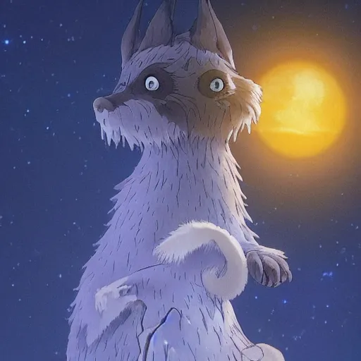 Image similar to spirit creature sitting on the tree in the night made by studio ghibli, detailed, high quality, 8 k, smooth