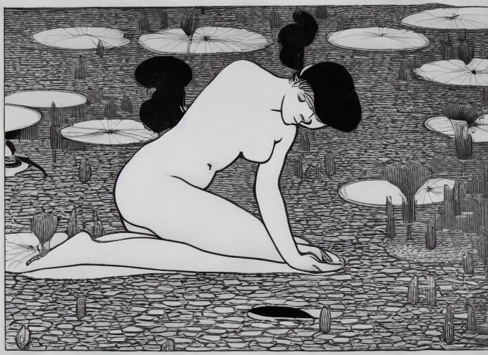 Image similar to A girl bathes in a lake where water lilies are floating, lithography by Aubrey Beardsley, High definition, detailed,