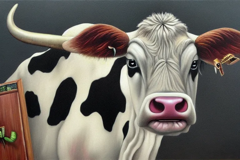 Prompt: 'Wherever you go, a cow is always watching you', lowbrow painting by Mark Ryden
