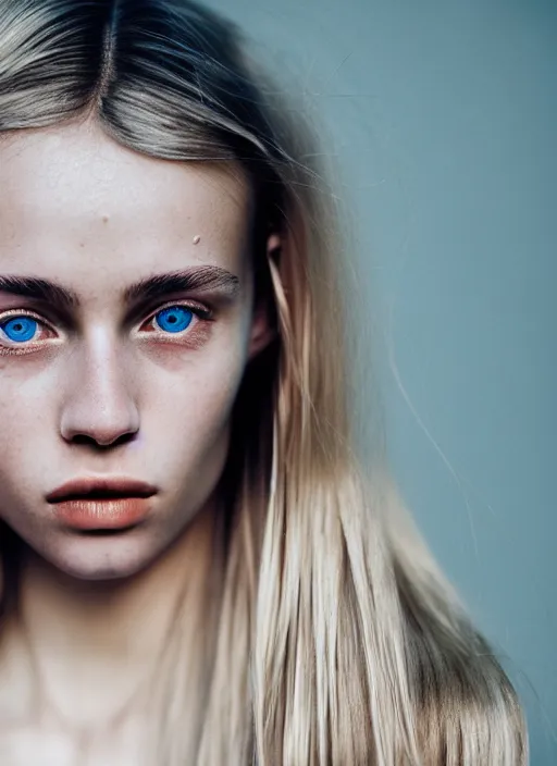Image similar to Kodak Portra 400, 8K, highly detailed, photographic extreme close-up face of a pretty girl with blond hair , Low key lighting, photographed by Alessio Albi ,dark background, high quality,high contrast ,complementary colors , photo-realistic.