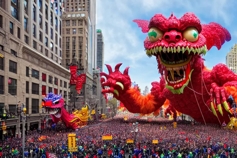 Image similar to photo of giant beautiful elaborate parade float monster designed by greg rutowski and geof darrow, in the macys parade, detailed 4 k photo, gigapixel, hyperdetailed