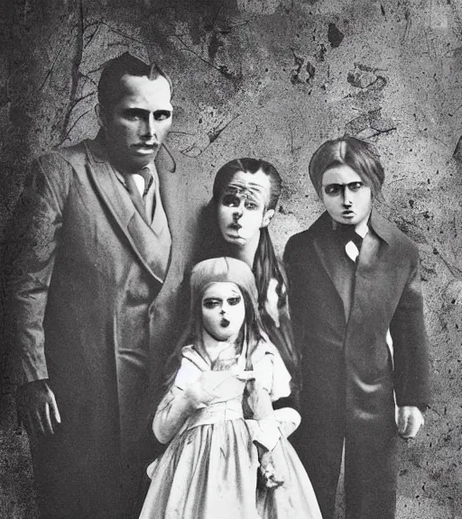 Prompt: grayscale vintage sepiatone photograph of a vampire family in Romania, lost media, highly detailed, convincingly real