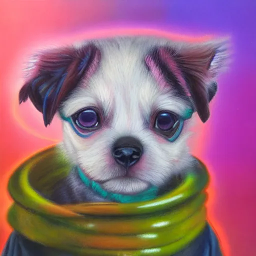 Image similar to Highly detailed pastel painting of a chibi puppy, detailed cyberpunk glitchcore synthwave art, trending on ArtStation