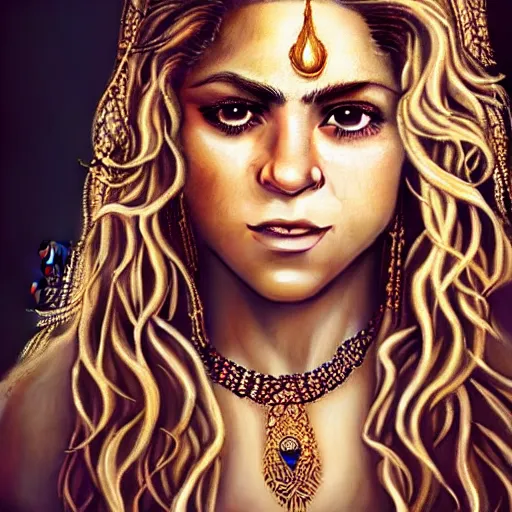 Image similar to beautiful very detailed portrait of Shakira with lots of jewelry, digital art , photos by Annie Leibovitz, moody, models by 500px, dramatic cinematic lighting rendered by octane, 8k, detailed, intricate, clean and textures, trending on artstation, deviantart google images, pinterest