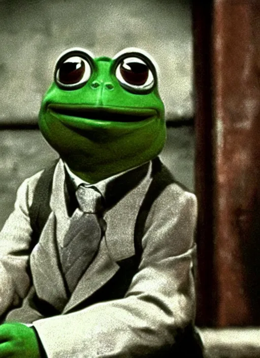 Prompt: film still of Pepe the frog as Oskar Schindler in Schindler's List, 4k