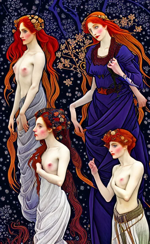 Prompt: 3 Figures as Winter Spirits, style is a blend of Ivan Bilibin, Botticelli, and John Singer Sargent, inspired by pre-raphaelite paintings, shoujo manga, and Slavic folk fairytale aesthetic, dark and moody colors, hyper detailed, super fine inking lines, 4K extremely photorealistic digital art