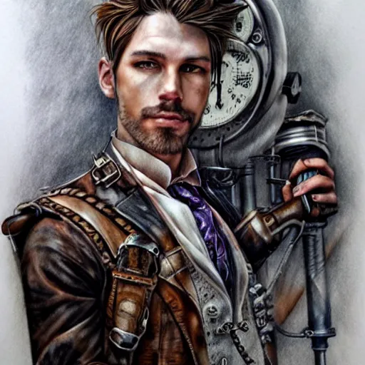 Image similar to hyper realistic pencil drawing of a man steampunk, water color, full figure, detailed, rim light, diffused, intricate, by anna dittmann,