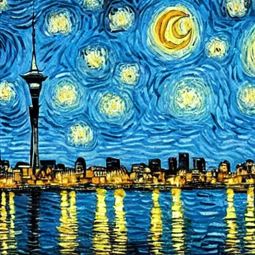 Prompt: Auckland skyline on a starry night painted by van gogh