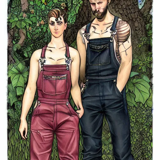 Image similar to short - haired tattooed heroic stoic handsome muscular blonde butch tomboy woman engineer in overalls standing beside dark fae feathered gothic jennifer connelly in black cloak standing together in a beautiful lush garden at night, in love, highly detailed, trending on art station, mucha