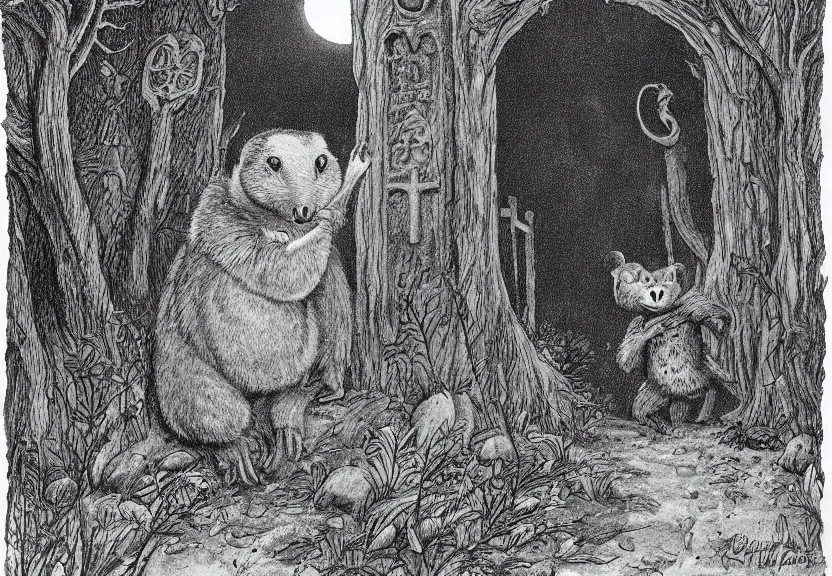 Image similar to big possum dressed like a monk at a scary medieval cemetery in the middle of the forest at night, highly detailed, digital art, by Maurice Sendak