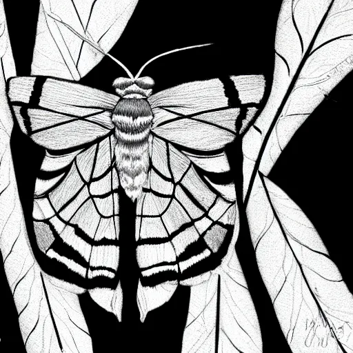 Image similar to moth, black and white, botanical illustration, black ink on white paper, bold lines