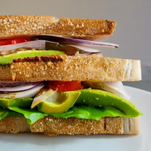 Image similar to sandwich with fried tofu, one red tomato slice, mayo, onion, avocado, melted cheddar, in a red dish, background saturn and stars in the sky