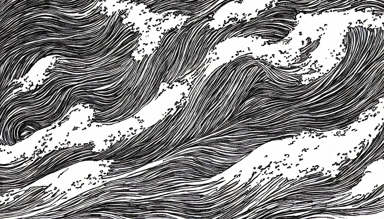 Prompt: ocean wave drawing by Moebius, minimalist, detailed, black and white drawing